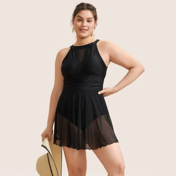 BloomChic Plus Size Knotted Back Mesh Insert Halter Swim Dress 2XL - Picture 1 of 5